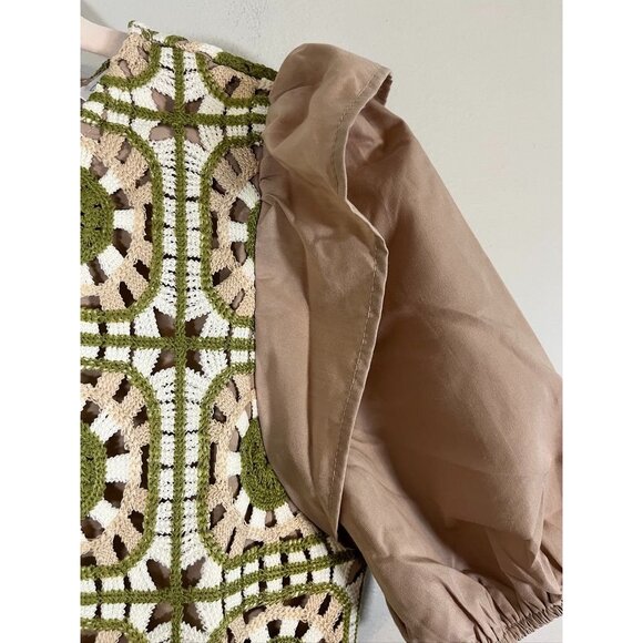 Retro Quilt Patchwork Crochet Dress Tan XL Boho Indie Folk Preppy Neutral 80s - Picture 4 of 11